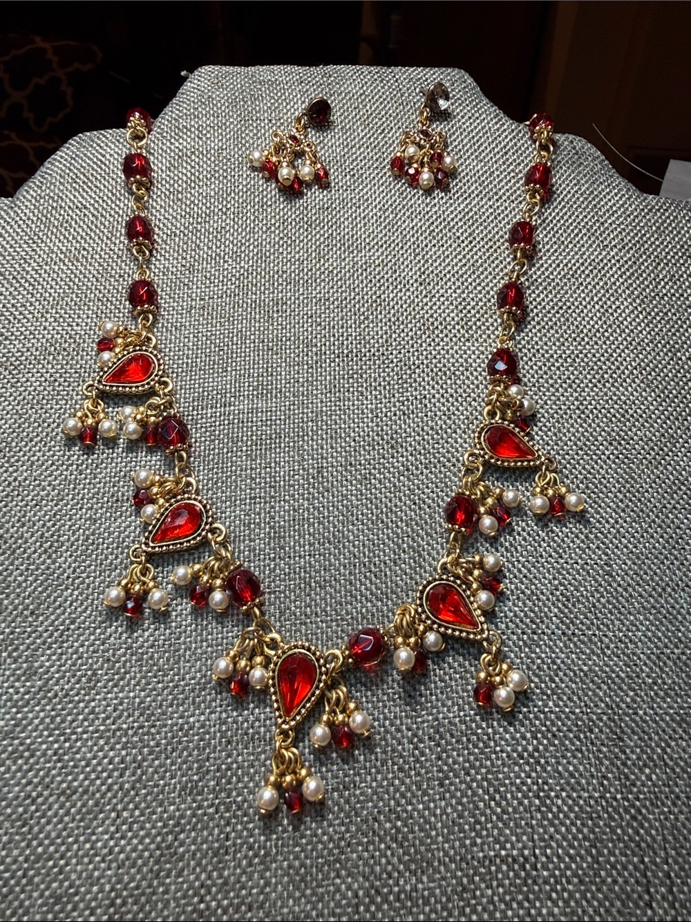 Charter Club Gold-Tone Necklace with Red Teardrops and Pearl Drops